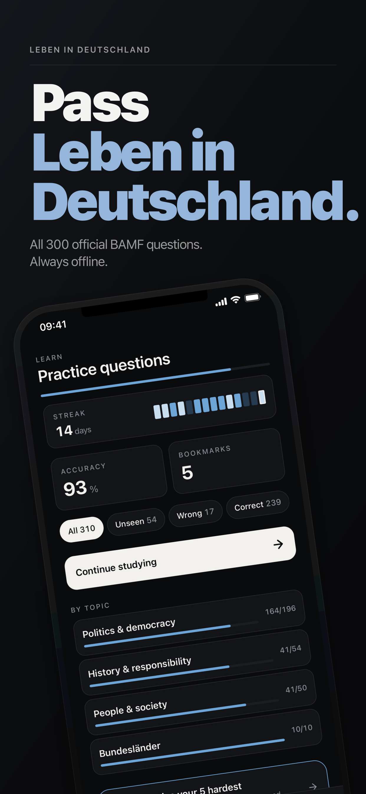 Learn hub showing question categories and progress.