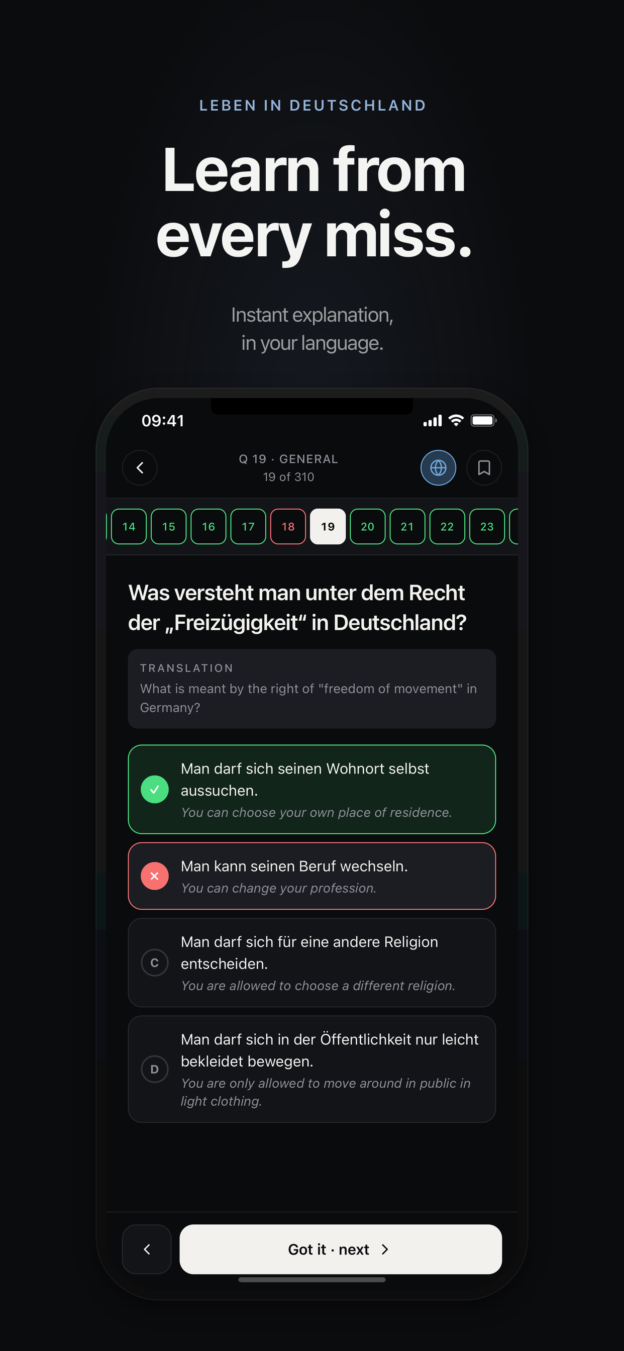 A study question shown in German with translation underneath.
